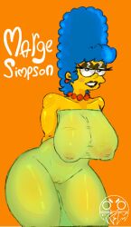 1girls big_breasts black_lipstick blue_hair curvy dress eyes_half_open green_dress huge_breasts lipstick makeup marge_simpson naked_under_clothes nipple_bulge nipples nipples_visible_through_clothing pearl_necklace pussy remiman seductive_look the_simpsons thick_thighs transparent_clothing visible_pussy voluptuous wide_hips yellow_body yellow_skin