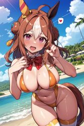 ahoge ai_generated animal_ears beach breasts brown_hair copano_rickey_(umamusume) female horse_girl purple_eyes swimwear two_tone_hair umamusume umamusume_pretty_derby yumietan