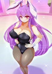 1girls alternate_version_available big_breasts breasts bunny_ears bunny_girl bunnysuit cleavage detailed_background dollyspica fishnet_legwear hand_on_hip light-skinned_female long_hair purple purple_hair reisen_udongein_inaba smile solo solo_female teeth thick_thighs touhou