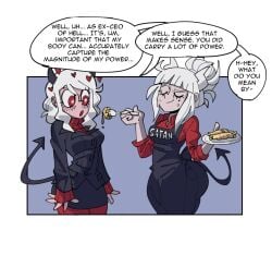 2demons 2girls ass ass_expansion big_ass breasts comic demon demon_girl demon_horns demon_tail dotodonoto helltaker huge_ass long_hair lucifer_(helltaker) modeus_(helltaker) multiple_girls pancake pants red_eyes short_hair tagme text text_bubble weight_gain white_hair