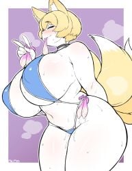 1girls bikini blonde_hair breasts condom condom_wrapper female fox_ears fox_tail gamukami huge_breasts plump ran_yakumo short_hair solo_female thick_thighs touhou