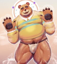 animal_crossing anthro balls bear blush bulge closed_eyes dsharp_k furry hands hands_up jockstrap male male_only musk nintendo overweight pantsless penis shirt solo solo_male sweat sweating teddy_(animal_crossing) ursid