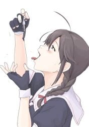 anime_style black_hair blue_eyes blush drool drooling fingerless_gloves fingernails fingers giantess hands holding kantai_collection macrophilia open_mouth ponytail shigure_(kantai_collection) shrunk shrunken tease teasing tiny_person tongue_out twitter vore white_background