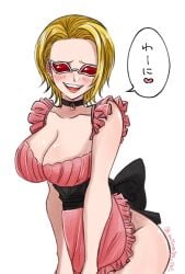 apron big_breasts blonde_hair blush canon_genderswap choker cleavage donquixote_doflamingo female female_only genderswap_(mtf) hair_slicked_back hourglass_figure looking_at_viewer minapo_cat naked_apron no_panties one_piece red-tinted_eyewear rule_63 short_hair smile solo sunglasses tinted_eyewear wide_hips