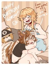 1boy 1girls birthday cute dog_boy dog_ears dog_tail female genshin_impact gorou_(genshin_impact) hand_on_butt happy head_grab head_on_lap lumine_(genshin_impact) male male/female petting shiba_inu straight wagging_tail wholesome