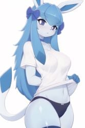 ai_generated anthro blue_body blue_eyes clothing cute eeveelution game_freak glaceon gym nintendo panties pokémon_(species) pokemon pokemon_dppt ribbons ribbons_in_hair solo sywu02