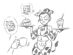 1girls apron big_breasts black_and_white breasts burger chichi cow_ears cow_girl cow_horns cow_tail cowbell dragon_ball dragon_ball_super dragon_ball_z funsexydragonball gloves milkshake monochrome plates sweatdrop thighhighs