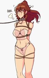 1girls anna_(fire_emblem) anna_(fire_emblem_awakening) blush bondage bound bra brown_hair captured collar english_text falsealias female female_only femsub fire_emblem fire_emblem_awakening humiliation leash mildmagicks nintendo panties pink_panties restrained rope solo sweat text tied_up underwear