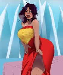 1girls big_breasts black_hair cape dc dc_comics female female_focus female_only light-skinned_female light_skin lois_lane long_hair looking_at_viewer mature_female milf mother n-ronin superman_(series) sweat sweatdrop sweating thick_thighs visible_breath wide_hips