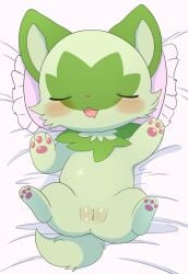 2023 anus azuo bed bedding bedding_background blush closed_eyes female feral fur furniture generation_9_pokemon genitals green_body green_fur hi_res legs_up lying nintendo on_back on_bed pillow plump_labia pokemon pokemon_(species) pussy solo sprigatito