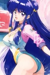 aerobics_clothing ai_art ai_generated blue_hair breasts girl purple_eyes ranma_1/2 shampoo_(ranma_1/2) tagme