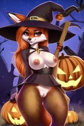 ai_generated anthro breasts broomstick female female_only fox halloween jack-o'-lantern leggings nai_diffusion nipples pussy red_fox self_upload weedvee420 witch_costume witch_hat