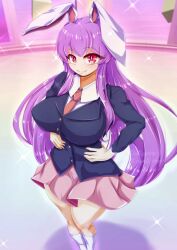 1girls alternate_costume alternate_version_available big_breasts breasts bunny_ears bunny_girl clothed_female detailed_background dollyspica hand_on_hip jacket light-skinned_female reisen_udongein_inaba skirt smile socks solo solo_female thick_thighs thighs touhou