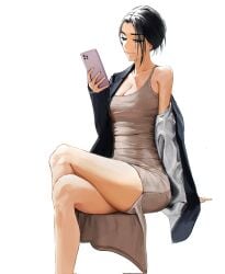 black_hair breasts crossed_legs elegant legs one_piece_dress one_piece_suit smartphone suit tbocart thighs