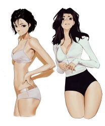 black_eyes black_hair bra breasts dark_eyes dark_hair legs long_hair long_sleeves panties short_hair shorts tbocart tight_clothing