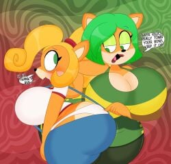 2girls 3barts activision ami_bandicoot anthro ass ass_awe ass_cleavage ass_jiggle bandicoot big_ass big_breasts big_butt blonde_hair blush breasts breasts_jiggling bubble_ass bubble_butt butt_crack coco_bandicoot crash_(series) dialogue fat_ass green_eyes green_hair huge_ass lipstick looking_at_another ponytail short_hair talking_to_another text text_bubble thick_thighs white_panties wide_hips