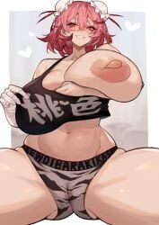 :d absurdres bandaged_arm bandages black_tank_top blush breasts bun_cover character_name clothes_writing commentary crop_top curvy double_bun female grey_background hair_between_eyes hair_bun heart highres huge_breasts ibaraki_kasen joker_(stjoker) kasen_ibaraki large_areolae looking_at_viewer navel nipples one_breast_out pink_eyes pink_hair short_hair smile solo tank_top touhou