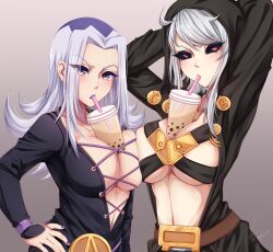 2girls artist_signature boba_tea breasts drink drinking duo female female/female female_only human jojo's_bizarre_adventure leone_abbacchio risotto_nero rule_63 shounen_jump vento_aureo