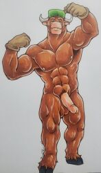 abs anthro balls biceps bovid bovine casual_nudity cattle clothing foxfurries fur genitals hat headgear headwear hi_res horn humanoid_genitalia humanoid_hands humanoid_penis looking_at_viewer male mammal muscular muscular_anthro muscular_male navel nipples nude pecs penis simple_background smile solo sundazed_kid wild_west_c.o.w.-boys_of_moo_mesa