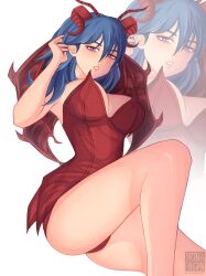 1girls alternate_costume blue_eyes breasts byleth_(fire_emblem) byleth_(fire_emblem)_(female) demon_girl devil_costume female female_only fire_emblem fire_emblem:_three_houses horns large_breasts looking_at_viewer nintendo solo succubus teal_hair thighs trinaenigma wings