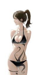 1girls belly belly_button big_breasts breasts brown_hair color female female_only human looking_away octopus_tatto ponytail slim slim_waist solo swimsuit tattoo tattoos tbocart white_background