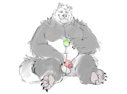 absurd_res anthro balls bear beverage black_and_white_fur casual_nudity digital_media_(artwork) fangs fluffy genitals giant_panda hi_res holding_beverage holding_object humanoid_genitalia humanoid_penis male mammal musclegut one_eye_closed pawpads paws pecs penis simple_background sitting solo super-tuler tail tairu teeth white_background