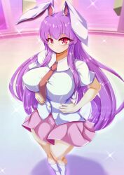 1girls :o alternate_costume alternate_version_available big_breasts breasts bunny_ears bunny_girl clothed_female detailed_background dollyspica hand_on_hip light-skinned_female reisen_udongein_inaba skirt socks solo solo_female thick_thighs thighs touhou white_shirt