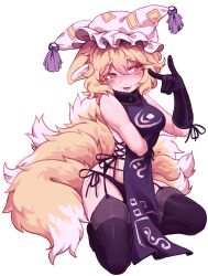 1girls absurd_res animal_ears arm_gloves arm_under_breasts black_gloves black_panties black_thighhighs blush ears_down ears_through_headwear female_focus fox_ears fox_girl fox_shadow_puppet fox_tails garter_belt garter_straps gloves highres horny kitsune large_breasts light-skinned_female mob_cap multiple_tails naked_tabard panties ran_yakumo simple_background skindentation smile solo squatting sweat sweatdrop tabard thick_eyebrows thighhighs touhou white_background zuomerika