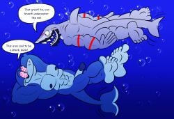 anthro balls barefoot biceps casual_nudity duo feet fish genitals hi_res humanoid_feet humanoid_genitalia humanoid_hands humanoid_penis jollyville male marine muscular muscular_anthro muscular_male navel nipples non-mammal_balls nude pecs penis plantigrade shark smile social_nudity underwater water