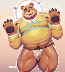 animal_crossing anthro balls bear blush bulge closed_eyes dsharp_k furry hands hands_up jockstrap male male_only nintendo overweight pantsless penis shirt solo solo_male sweat sweating teddy_(animal_crossing) ursid