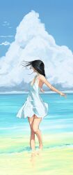 barefoot beach black_hair legs long_hair ocean sea seaside slime_girl tagme tbocart white_dress wind