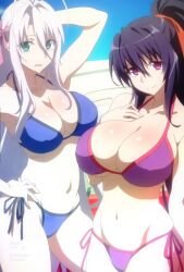 2girls ahoge akeno_himejima arm_behind_head armpits bikini black_hair blue_bikini breasts collarbone demon_girl green_eyes groin hair_ribbon hand_on_own_chest hand_on_own_hip high_school_dxd high_school_dxd_hero highres huge_breasts long_hair multiple_girls navel passione_(company) pink_bikini pink_ribbon ponytail red_eyes red_ribbon ribbon rossweisse screencap screenshot side-tie_bikini_bottom sidelocks stitched stomach swimsuit thighs third-party_edit very_long_hair white_hair wide_hips