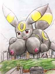 big_ass bigger_female black_fur boobs breasts brown_eyes building buildings city clouds colored duo eeveelution eiroru female female_pokemon feral feral_pokemon fur furry generation_2_pokemon gigantic_breasts gigantic_female highres jolteon looking_down macro open_mouth paws pink_nipples pokémon_(species) pokemon pokephilia sky smiling smiling_at_another tail tongue trees umbreon wide_hips