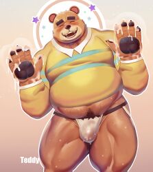 animal_crossing anthro balls bear blush bulge closed_eyes cum cum_on_hands dsharp_k furry hands hands_up jockstrap male male_only nintendo overweight pantsless penis shirt solo solo_male sweat sweating teddy_(animal_crossing) ursid