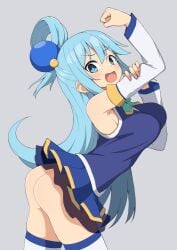 1girls aqua_(konosuba) ass bare_butt bare_thighs blue_dress blue_eyes blue_skirt butt butt_peek female female_only grey_background kono_subarashii_sekai_ni_shukufuku_wo! light_blue_hair medium_breasts open_mouth salpin solo solo_female solo_focus tagme thighs