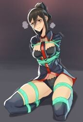 1girls black_hair bondage bound bra brown_eyes falsealias female female_only femsub highres kneeling morag_ladair_(xenoblade) nintendo panties restrained rope rope_bondage solo struggling sweat tied tied_up trembling underwear xenoblade_(series) xenoblade_chronicles_2