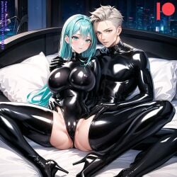 ai_generated bodysuit breasts female high_heels kuriboh_ex_(artist) latex latex_suit oppai rubber rubber_suit turquoise_eyes turquoise_hair