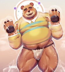 animal_crossing anthro balls bear blush bulge closed_eyes cum cum_on_hands dsharp_k furry hands hands_up jockstrap male male_only musk nintendo overweight pantsless penis shirt solo solo_male sweat sweating teddy_(animal_crossing) ursid