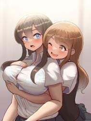 2girls :d black_hair black_skirt black_sweater_vest blue_bra blue_eyes blush bra bra_peek breast_hold breasts brown_eyes brown_hair bursting_breasts collared_shirt commentary_request disciplinary_committee-chan_(maku_ro) friend-chan_(maku_ro) grabbing grabbing_another's_breast large_breasts long_hair looking_at_another maku_ro multiple_girls one_eye_closed open_mouth original pleated_skirt school_uniform shirt short_sleeves simple_background skirt smile sweater_vest teeth underwear upper_teeth_only white_shirt yuri