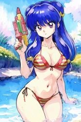 ai_art ai_generated blue_hair girl hotsprings pool poolside purple_eyes ranma_1/2 red_swimsuit shampoo_(ranma_1/2) striped_bikini tagme toy_gun wet