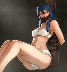 1girls blue_eyes blue_hair blush bondage bound bra chained chains falsealias female female_only femsub fire_emblem fire_emblem_awakening gag highres long_hair lucina_(fire_emblem) mildmagicks nintendo panties pole restrained sitting solo sweat tied_up underwear