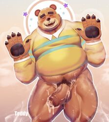 animal_crossing anthro balls bear blush boner closed_eyes cum cum_on_penis dsharp_k erection furry hands hands_up male male_only musk nintendo overweight pantsless penis shirt solo solo_male sweat sweating teddy_(animal_crossing) ursid