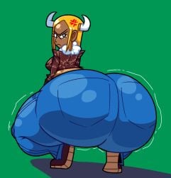 angry big_ass big_butt blonde_hair earings earrings enraged female green_background huge_ass jeans looking_back nasty_spaghjett squatting staring_at_viewer