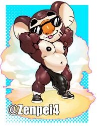 animal_crossing anthro big_ears black_hair bulge eugene_(animal_crossing) flaccid furry hands_behind_head koala male male_only muscles muscular nintendo solo solo_male sunglasses underwear zenpei