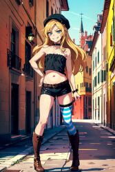 1boy 1femboy ai_generated alley belt black_cap black_topwear blonde_hair blue_eyes boots bracelet brown_boots choker crossdressing enjuuji evil_grin evil_smile ferdinando_agnello full_body light-skinned_femboy light-skinned_male looking_at_viewer short_shorts shorts smiling smiling_at_viewer stockings strapless strapless_topwear striped_legwear