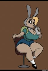 1girls adventure_time backpack bag big_breasts biggsoft blonde_hair blue_eyes blush bunny_ears clothing color_edit colored drinking drinking_straw female fionna_the_human_girl footwear headwear hi_res hood human legwear looking_at_viewer paintmeanon pale_skin side_view thick_thighs white_legwear