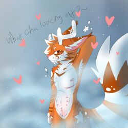 1cuntboy anthro cat_ears catboy chest cuntboy feline fox fox_ears fox_tail fur furry furry_ears furry_tail fursona intersex large_tail orange_fur pussy scar seductive seductive_look seductive_smile shower steam