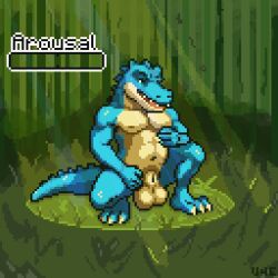 alligator alligatorid animated anthro balls big_penis blush crocodilian digital_media_(artwork) foreskin foreskin_play gameplay_mechanics genitals huge_cock hyper hyper_genitalia hyper_penis male masturbation muscular nipple_fetish nipple_play pecs penis pixel_(artwork) pixel_animation reptile scalie solo swamp text transformation u4e