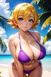 1girls ai_generated beach big_breasts bikini bikini_bottom bikini_top blonde_hair blue_eyes crelandir curvaceous curvy curvy_body curvy_female curvy_figure huge_breasts igawa_sakura large_breasts ocean smile smiling smiling_at_viewer taimanin_(series) taimanin_asagi