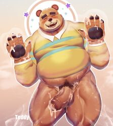 animal_crossing anthro balls bear blush boner closed_eyes cum cum_on_hands cum_on_penis dsharp_k erection furry hands hands_up male male_only musk nintendo overweight pantsless penis shirt solo solo_male sweat sweating teddy_(animal_crossing) ursid